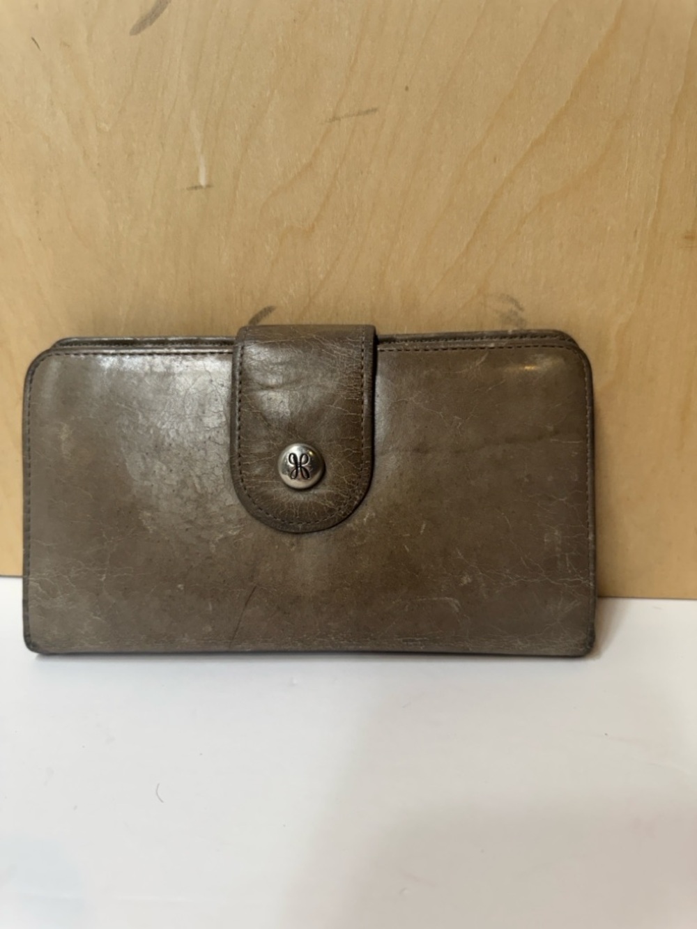 HOBO Brown Leather Snap Wallet with Logo Button